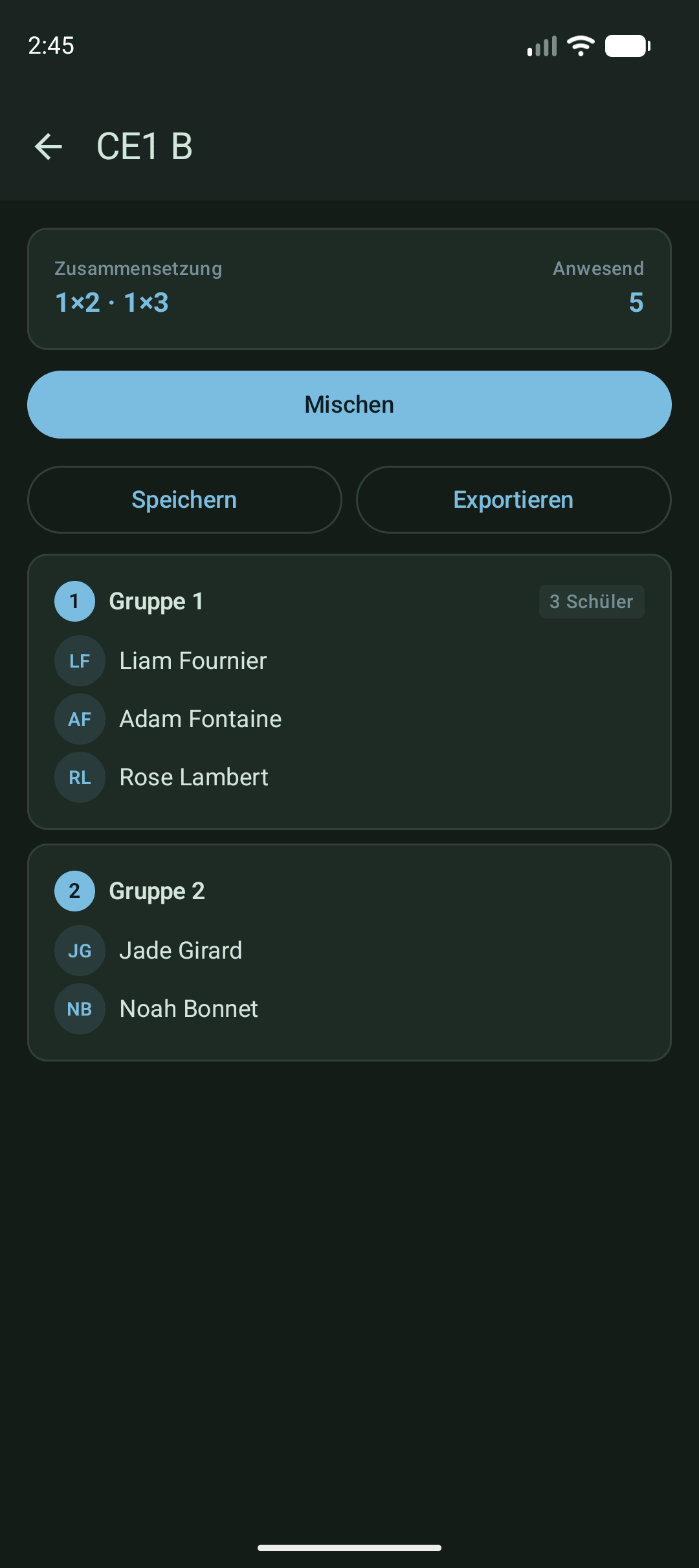 Application affichant des groupes formés