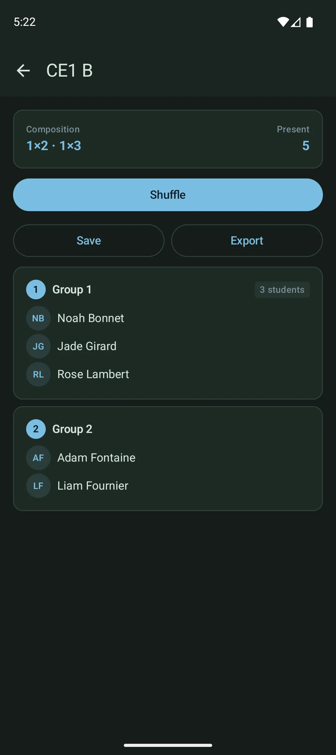 Application affichant des groupes formés