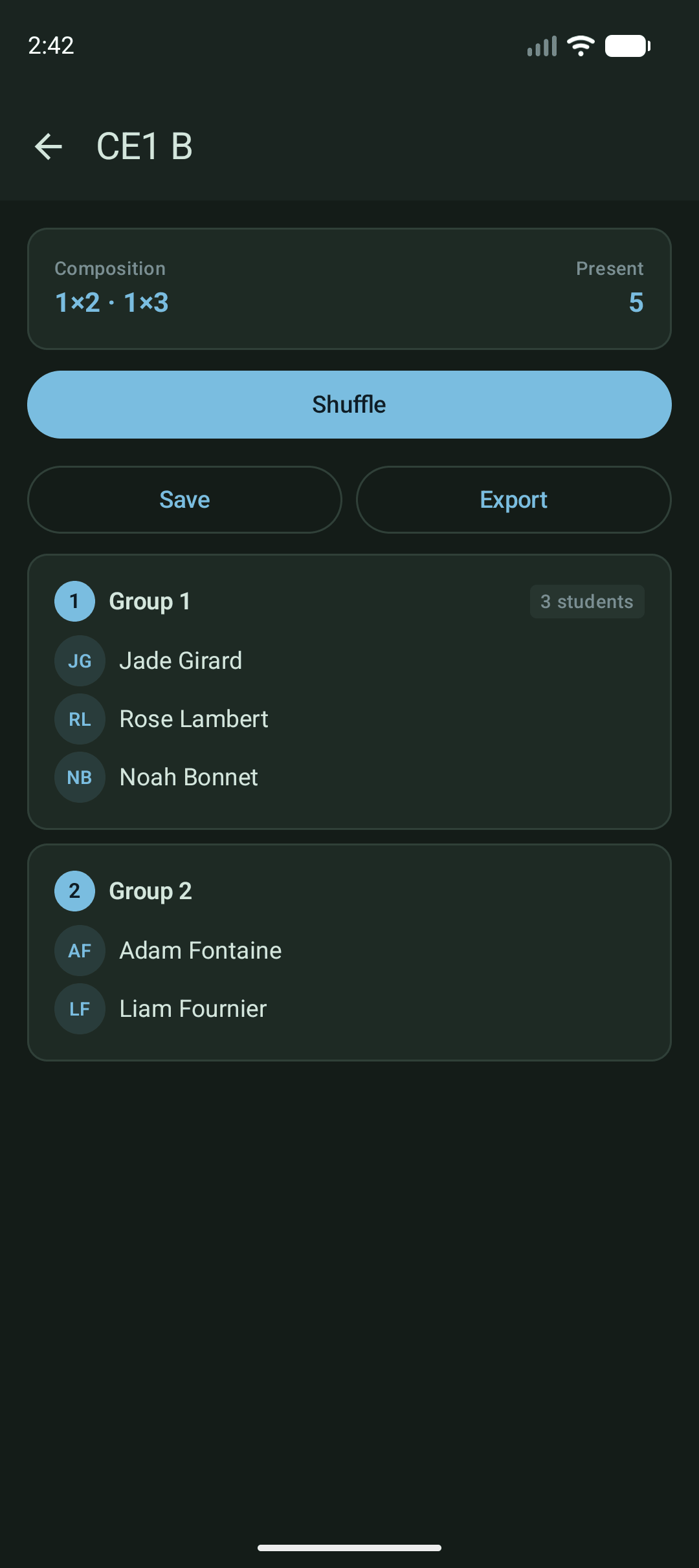 Application affichant des groupes formés