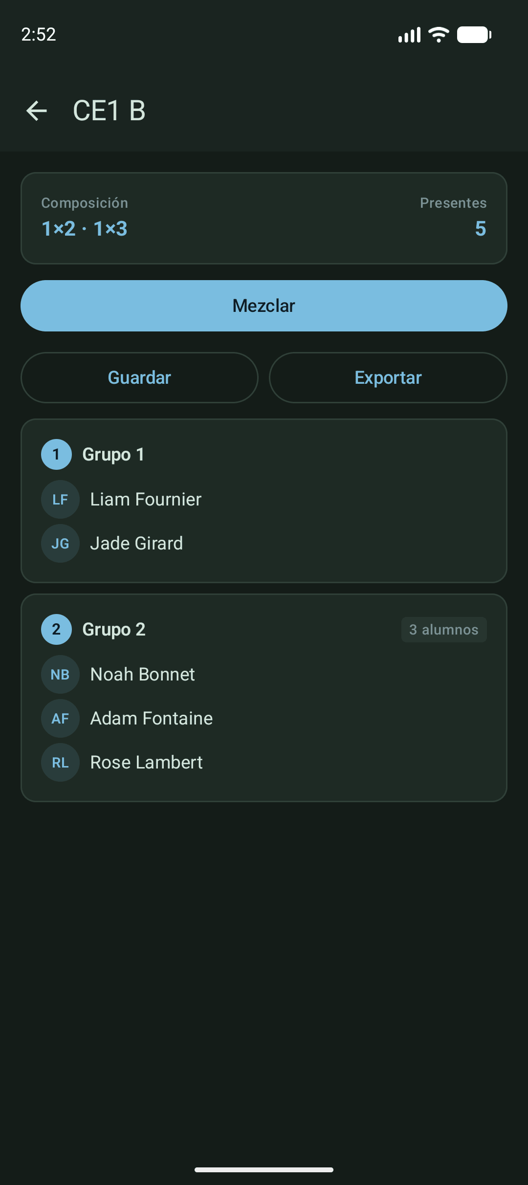 Application affichant des groupes formés