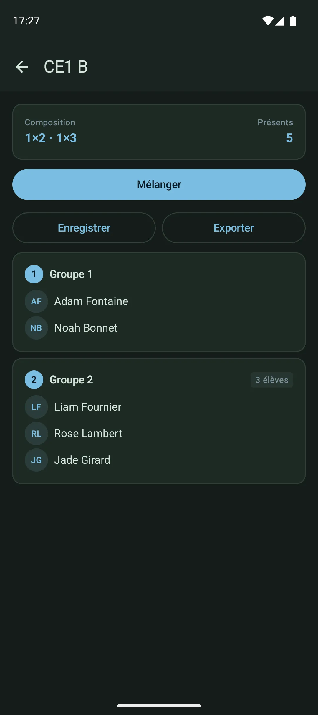 Application affichant des groupes formés