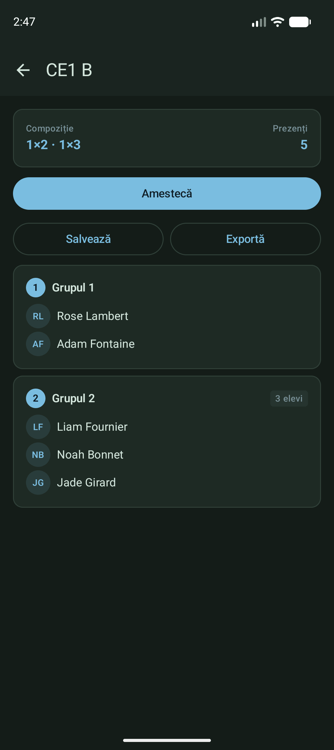 Application affichant des groupes formés