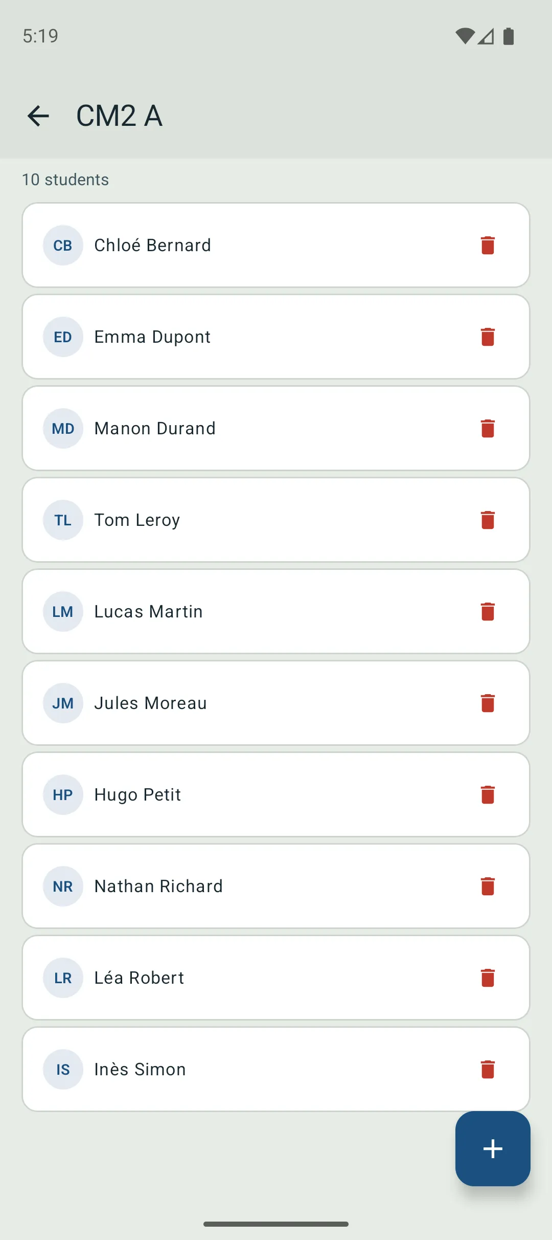 A classroom with its student roster