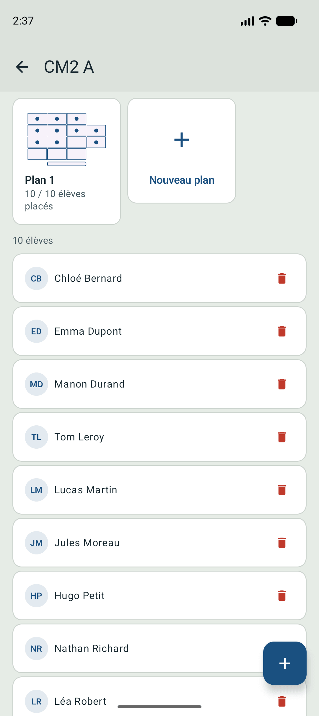 Vue d’une classe avec la liste de ses élèves