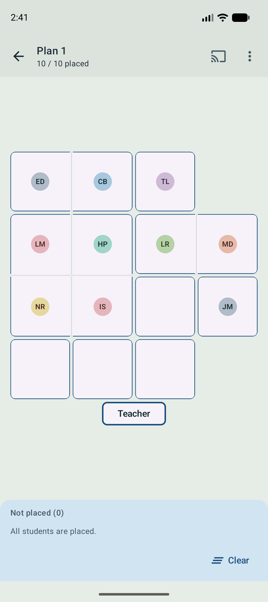 Seating plan with students placed