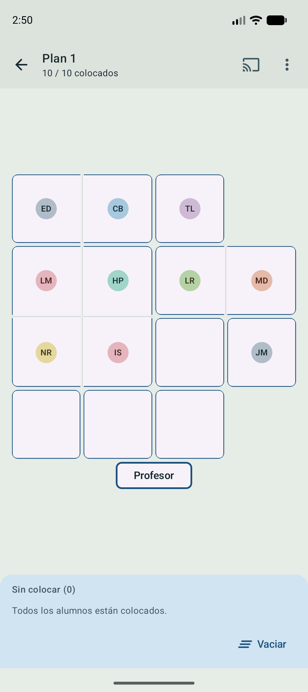 Plano del aula con el alumnado colocado