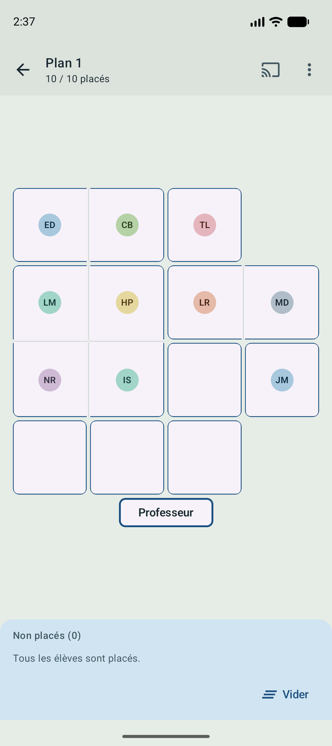 Plan de classe avec les élèves placés