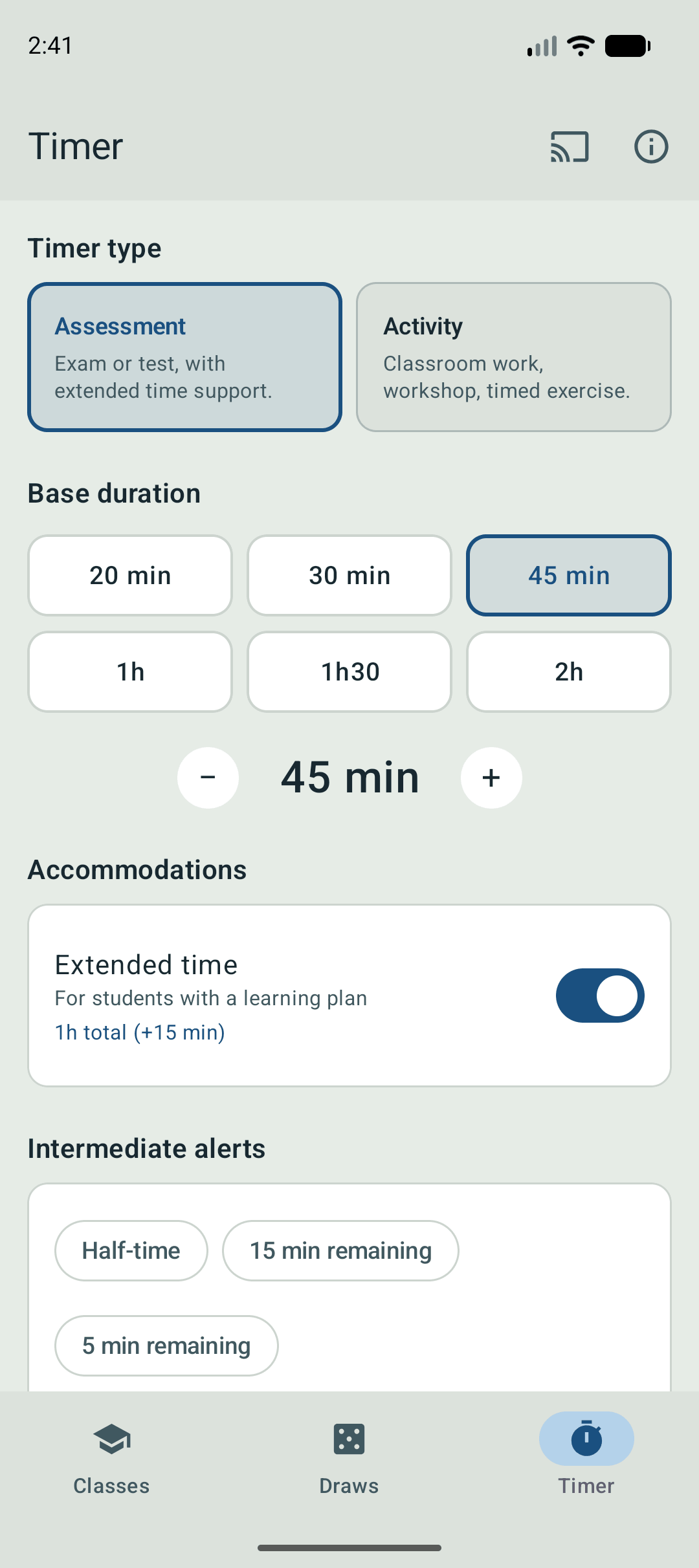 Timer configuration screen