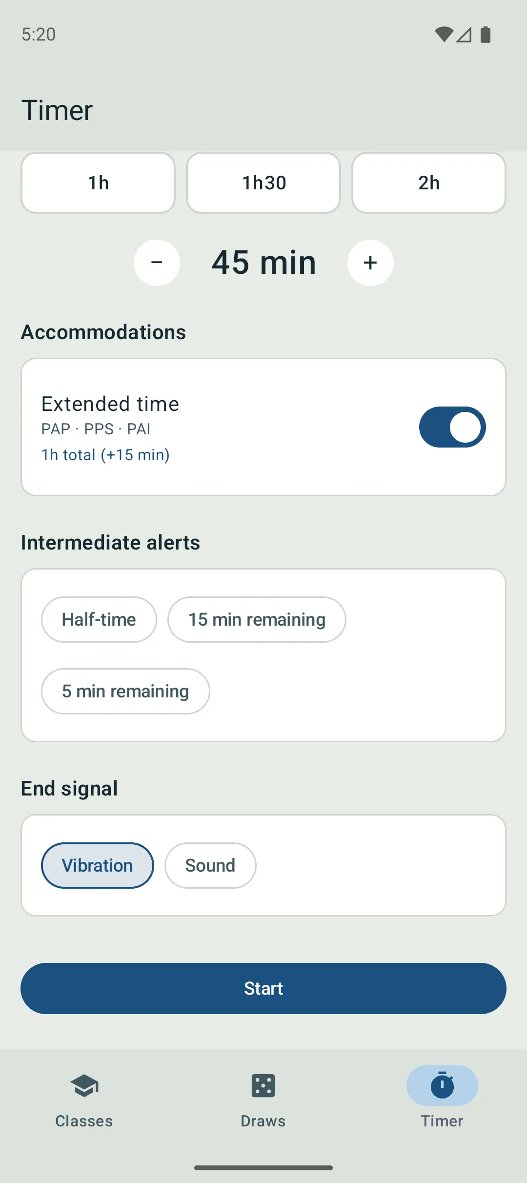 Timer configuration screen