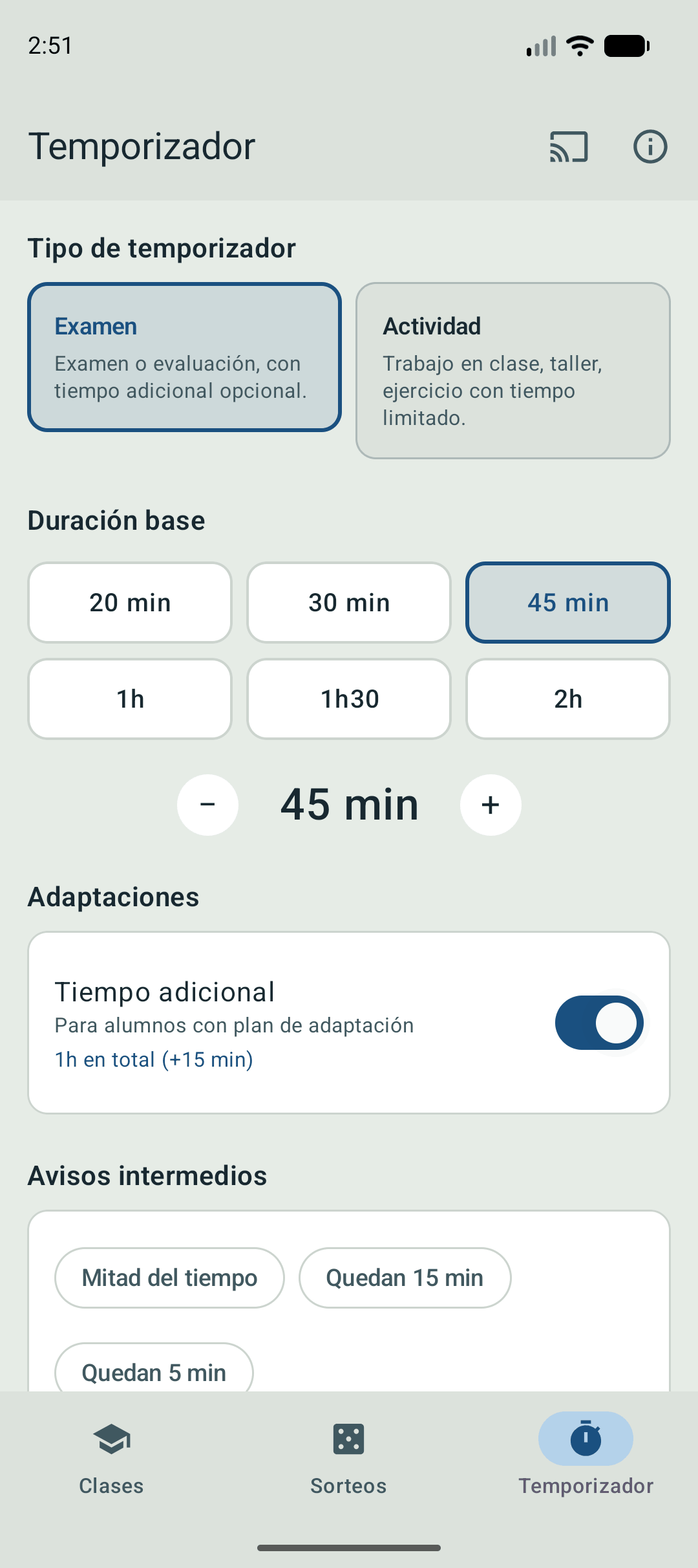 Pantalla de configuración del temporizador